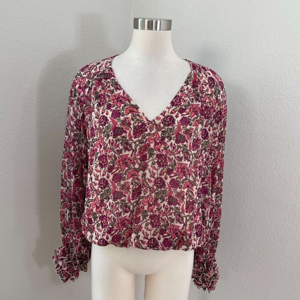 Express Womens Medium Floral Metallic V‎ Neck Blouse Long Sleeve Shirt Top